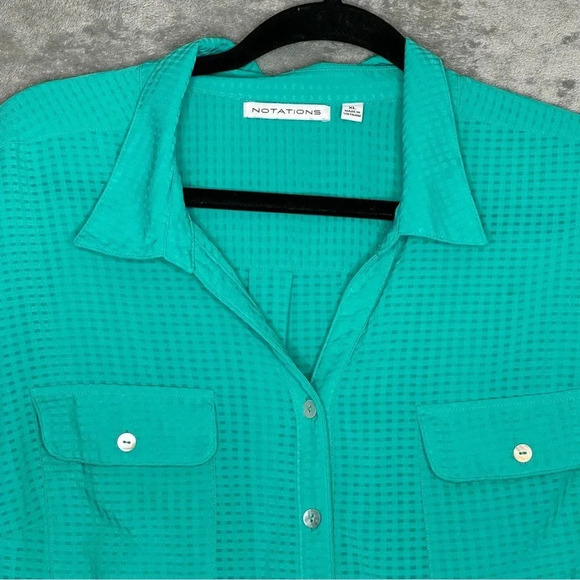 Notations XL Shirt Top Blue Check Button Up Tab Long Sleeve V Neck Semi Sheer - Picture 3 of 8